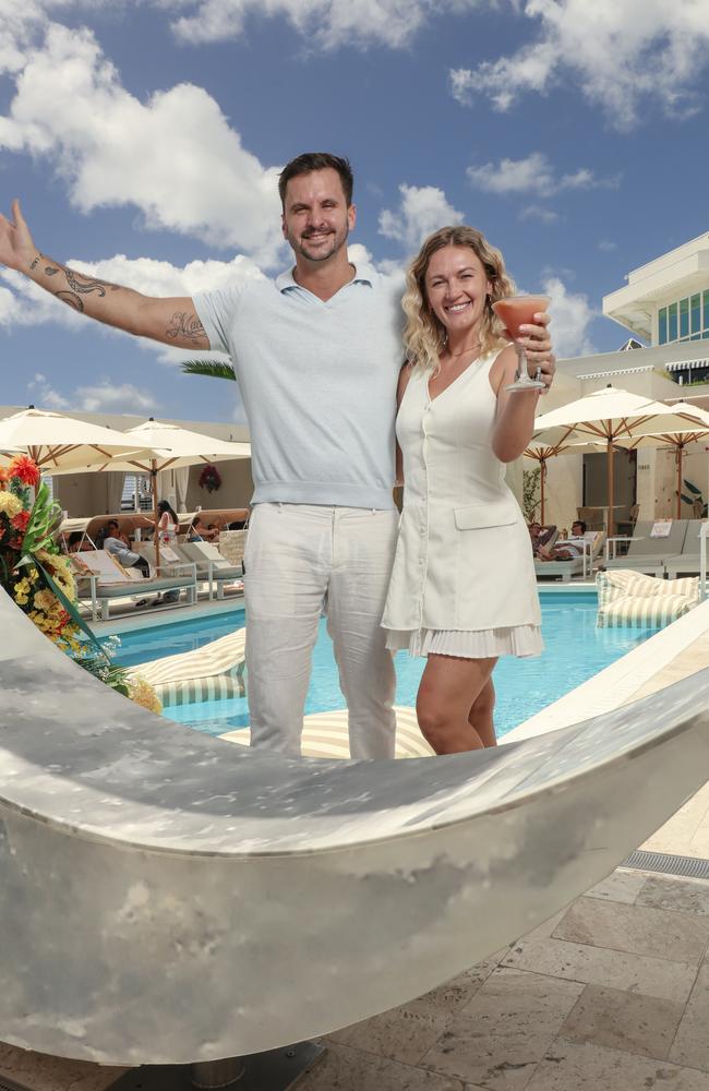 La Luna Beach Club’s Jacob Low and Venue Manager Daria Cherniavskaia partying on despite extensive disruptions due to renovations at Marina Mirage. Picture: Glenn Campbell