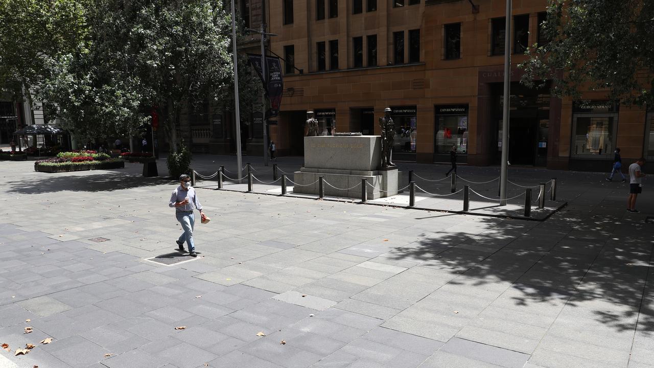 Martin Place, usually bustling at lunchtime, was all but deserted at 12.32pm on Thursday. Picture: John Grainger