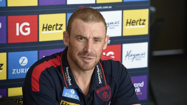 Melbourne Football Club coach Simon Goodwin speaks at a press conference at the club home ground at Casey Fields. Picture: Andrew Henshaw