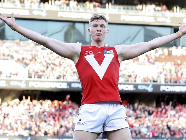 23/09/18 - SANFL - Grand Final - Norwood v North Adelaide at the Adelaide Oval. Alex Barns celebrates his goal. Picture SARAH REED