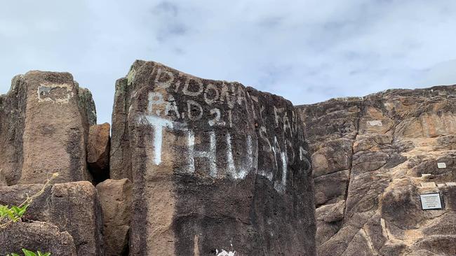 Graffiti on rock cliffs at the Tip of Cape York has been widely condemned. Picture: SHANTELL KENNELL