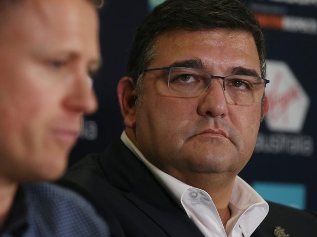 Carlton Press Conference. Carlton president Mark LoGiudice listens to Brendon Bolton, who was sacked as senior coach of the Carlton Football Club.      . Pic: Michael Klein.