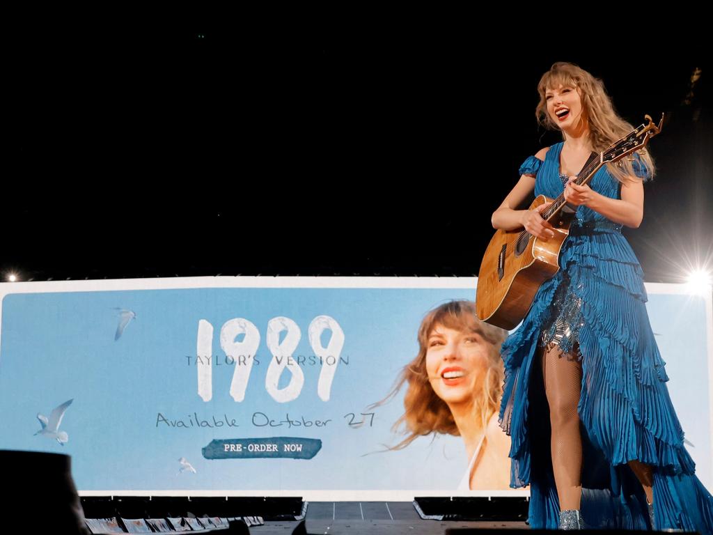 Taylor announces the release of her version of 1989 at the show in Inglewood. Picture: Kevin Winter/TAS23/Getty Images