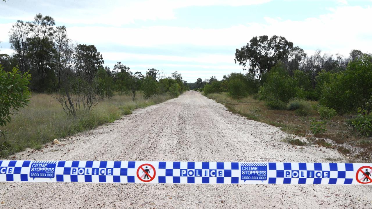 The road leading into Wains Rd at Wieambilla continues to be guarded by police as investigations continue. Picture: David Clark NCA/NewsWire