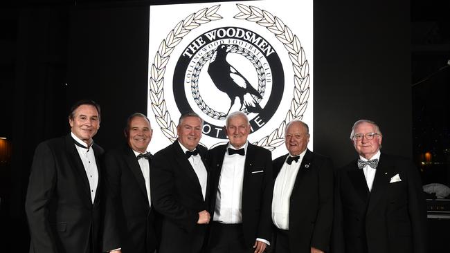 Collingwood Presidents 50th anniversary of the woodsman coterie group at The Glasshouse. Jeff Browne, Mark Korda, Eddie McGuire, Kevin Rose, Ranald Macdonald and Ern Clarke.