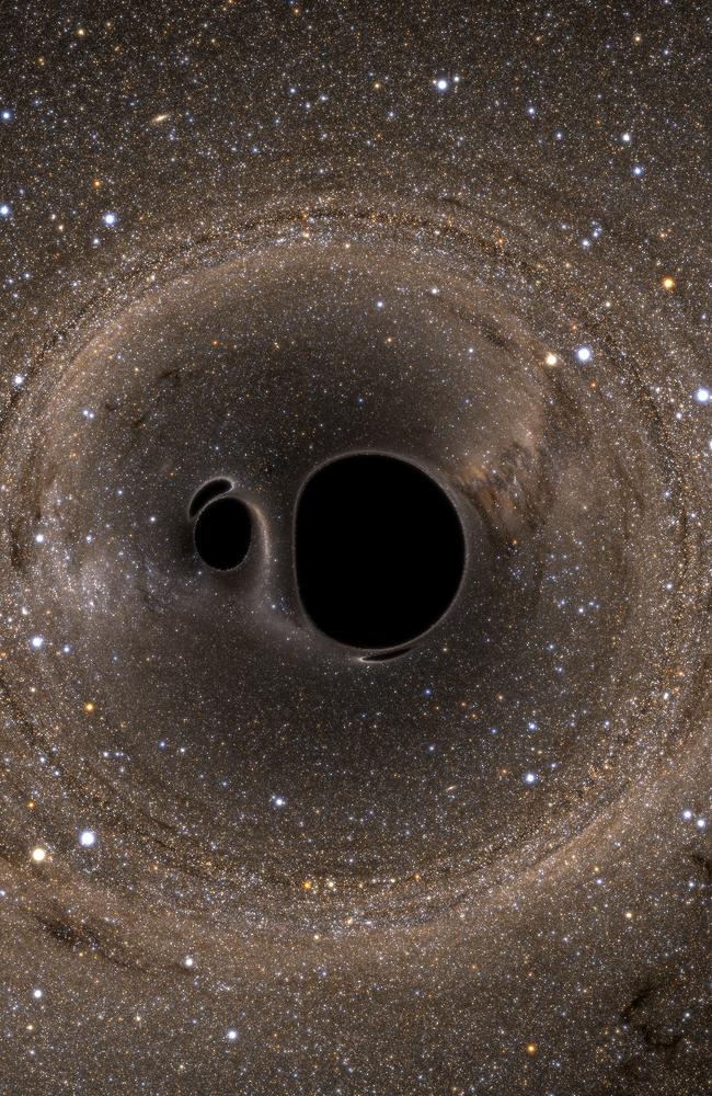 A simulated view of two black holes on the brink of merging. 