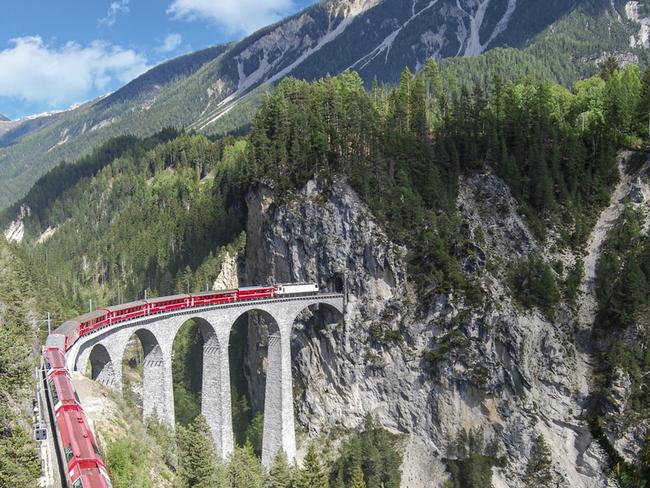 The famed Glacier Express winds its way through the Swiss countryside.