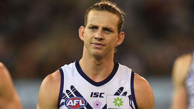 Nat Fyfe leaves the field after Fremantle’s loss to Collingwood. Picture: AAP Images