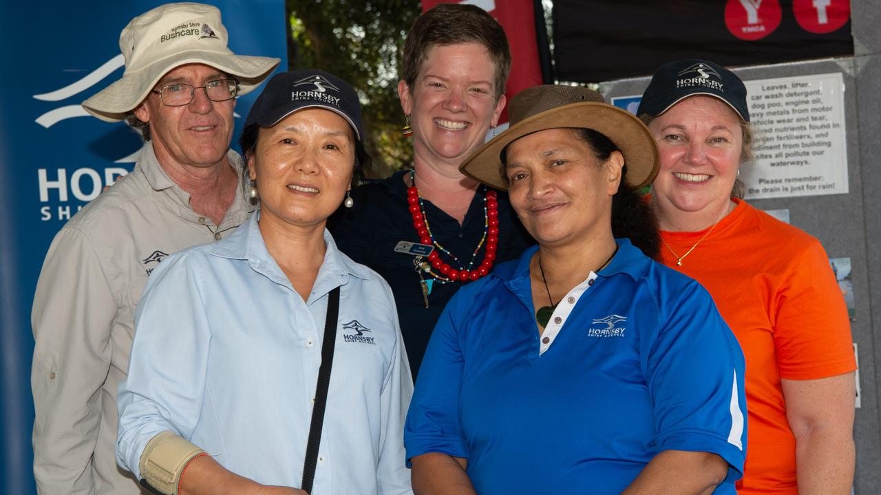 (L-R front) Jian Zhao, Bev Tutauha Back, David Bolton, Sue downing &amp; Kim Harris pose for a photo at Berowra skate park at the skate, scooter and BMX battle royale. (AAP IMAGE / MONIQUE HARMER)