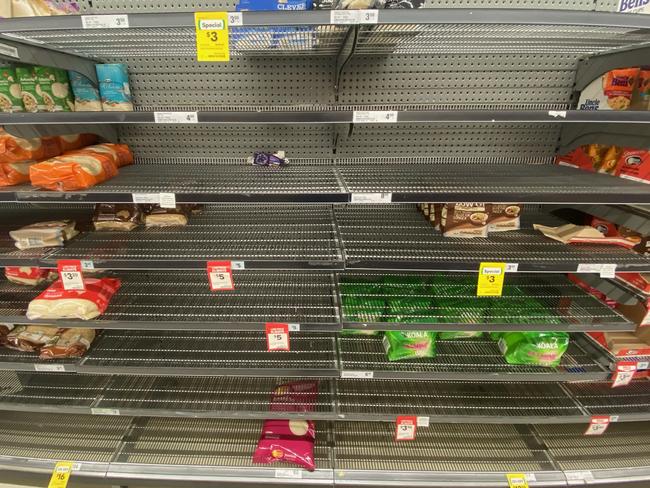 The shelves of many supermarkets in Brisbane are running low on toilet paper, tissues and hand sanitisers due to panic buying caused by the coronavirus. Picture: Richard Goslingg