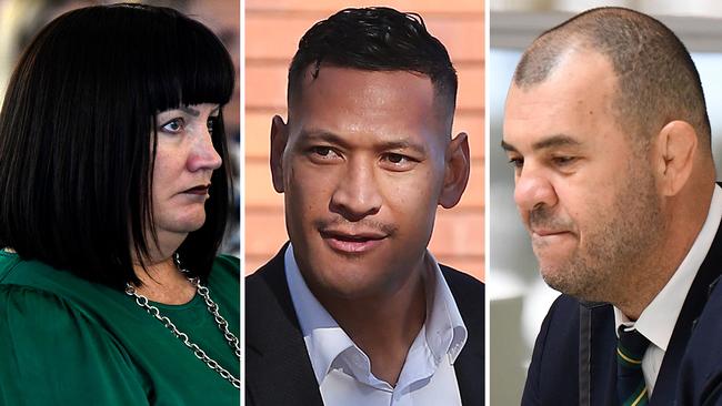 Relationship breakdown ... Rugby Australia CEO Raelene Castle, former Wallabies star Israel Folau and former Wallabies coach Michael Cheika. Pictures: File