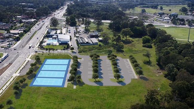 An artist’s impression of the new netball courts and carparking to be built at Bill Brown Reserve, in Fitzgibbon (on land currently occupied by Bramble Bay Pony Club). Supplied: Brisbane City Council