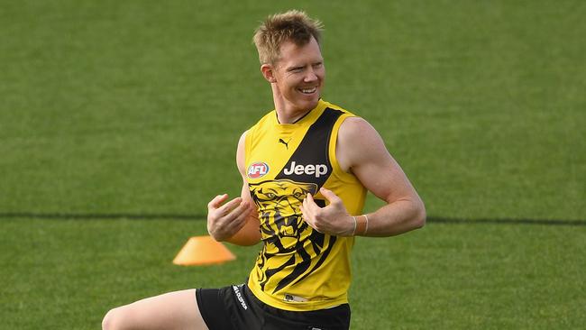 Jack Riewoldt all smiles at training ahead of Richmond’s preliminary final against GWS. Picture: Getty Images