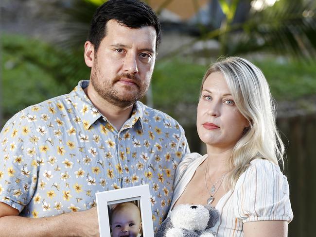 John and Carly Goya and Ruby Goya, 5, pictured at their home in Morningside, Brisbane 21st of February 2022.  They lost their six-month old daughter Mabel to pneumococcal.  (Image/Josh Woning)