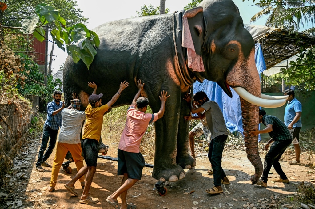 Workers push a finished model of a robotic elephant outside a workshop in Thrissur, in India's Kerala state