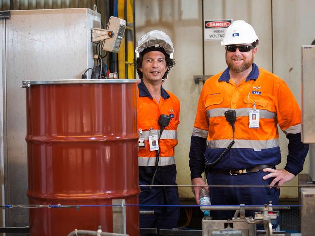 History in the making. The last drum of uranium oxide rolls off the production line at ERA’s Ranger uranium mine at Jabiru. Picture: David Hancock