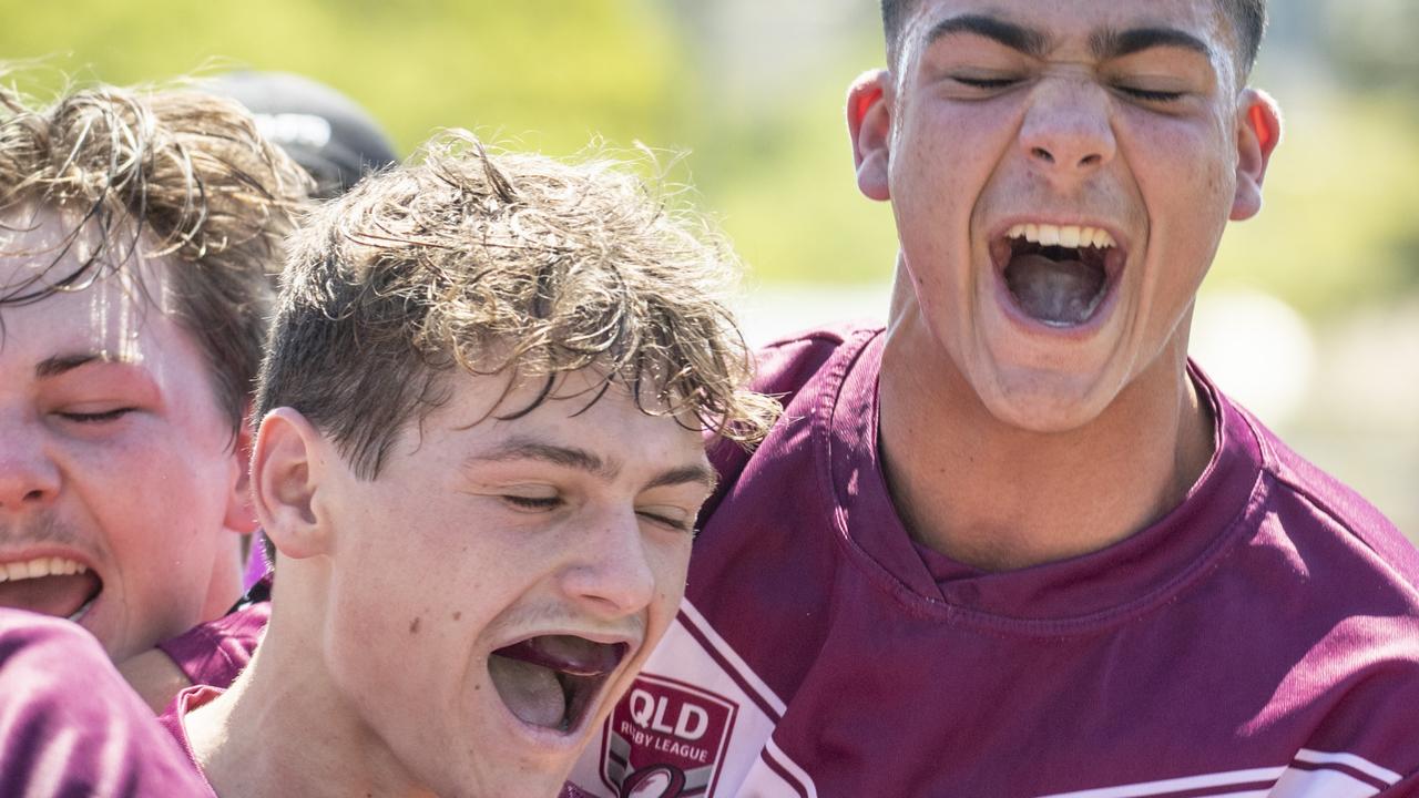 Dalby celebrate Keanu Wright-Dunrobin's try. Dalby vs Highfields. 2021 TRL Under 18s final. Sunday, September 19, 2021. Picture: Nev Madsen.