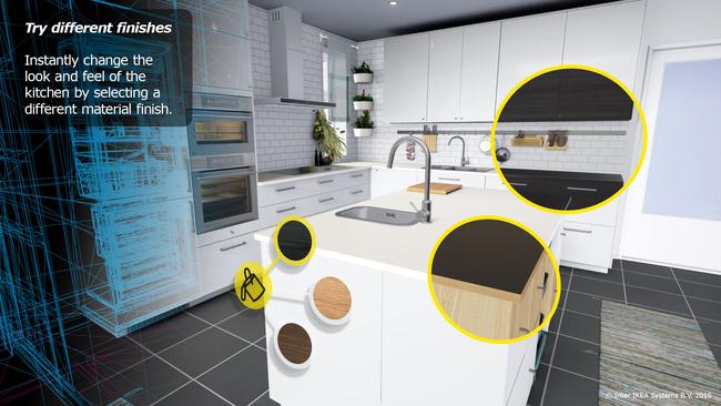 You can alter the finishes and colour of a virtual kitchen.