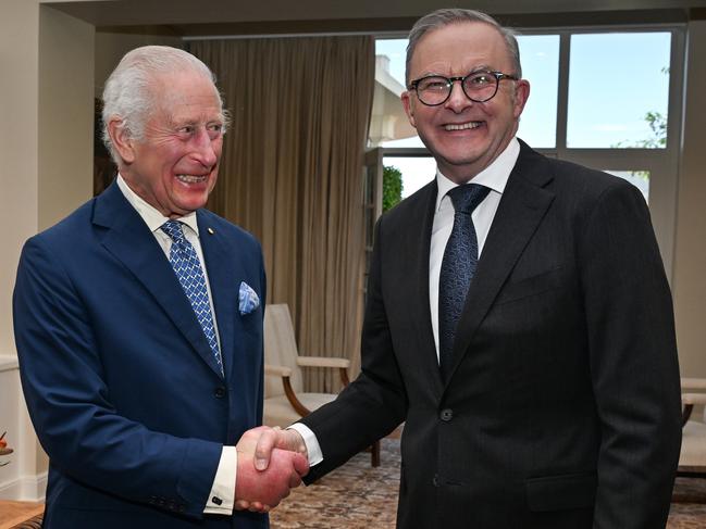 CANBERRA, AUSTRALIA - OCTOBER 21: King Charles III (L) and Prime Minister Anthony Albanese meet at Parliament House on October 21, 2024, in Canberra, Australia. The King's visit to Australia is his first as monarch, and the Commonwealth Heads of Government Meeting (CHOGM) in Samoa will be his first as head of the Commonwealth. (Photo by Saeed Khan-Pool/Getty Images)