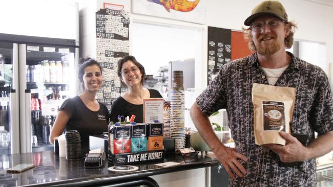 Sipping Duck barista Katerina Pagana and co-owner Fiorella Denari with long-term bean customer Stephen Atkinson at their Stratford store. Picture: Alison Paterson