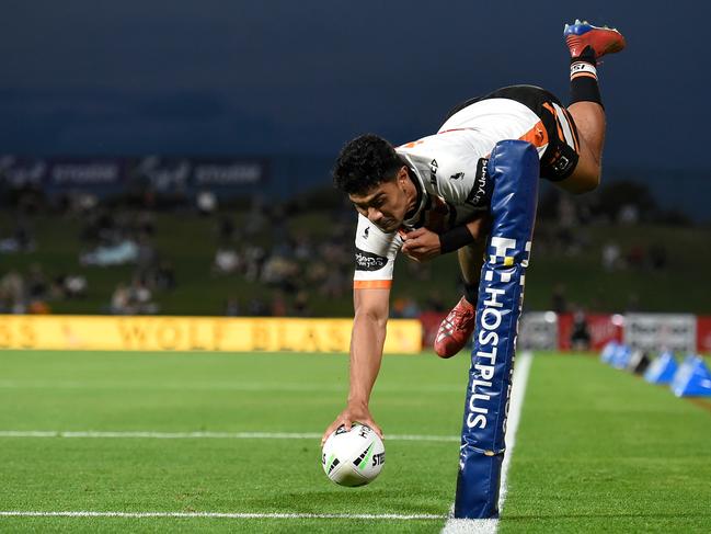 Asu Kepaoa’s acrobatic effort was a highlight for the Tigers. Picture: Matt Roberts/Getty Images