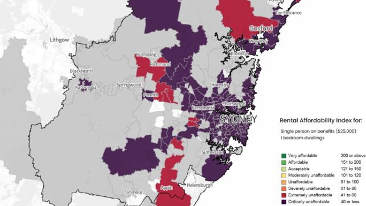 Affordability for a single person on JobSeeker payment renting in Greater Sydney, June Quarter 2024. Purple shows areas that are critically unaffordable now, red extremely unaffordable. Source: SGS Economics &amp; Planning