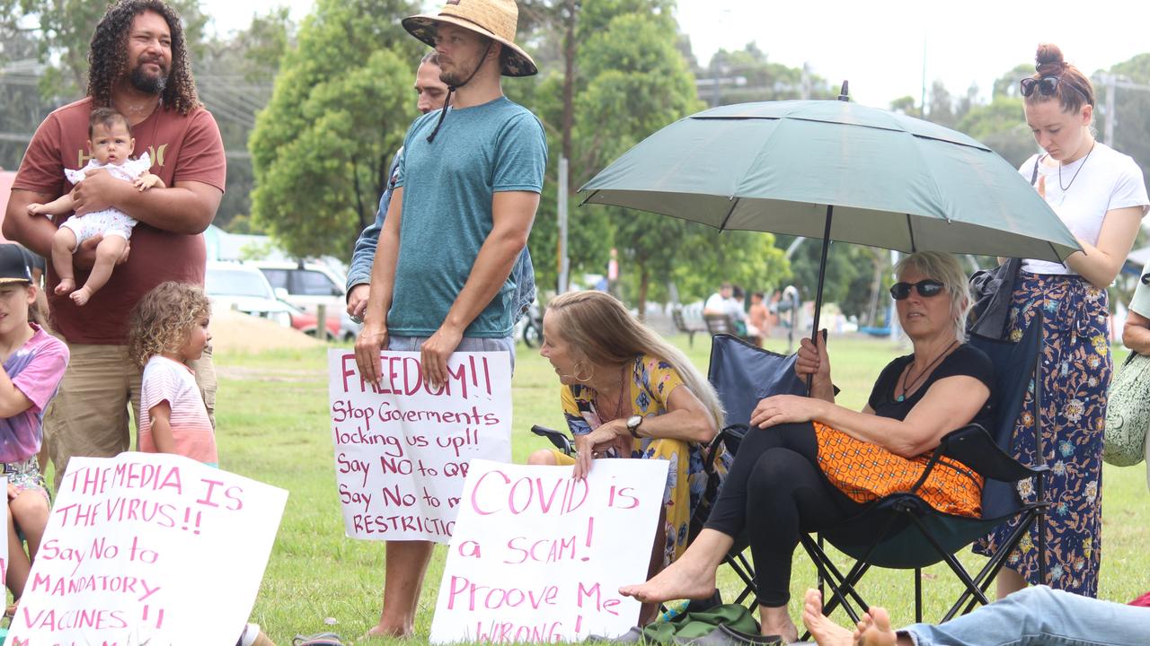 More than 150 people turned out for the Millions March Against Mandatory COVID-19 Vaccines in Coffs Harbour on Saturday February 20. Photo: Tim Jarrett