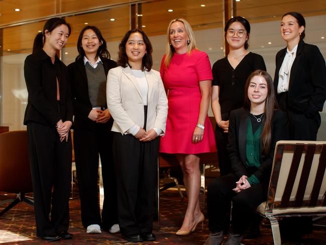 Camilla Love former investment banker and founder of F3  with (L to R) Oriana Wang, Isabella Mai, Linda Nguyen, Alyssa Yang, Natasha Hodgkinson and Layla Wicks in Sydney on Thursday, October 10, 2024. LoveÃs mission is to help young women develop careers in the financial services sector  Picture: Nikki Short