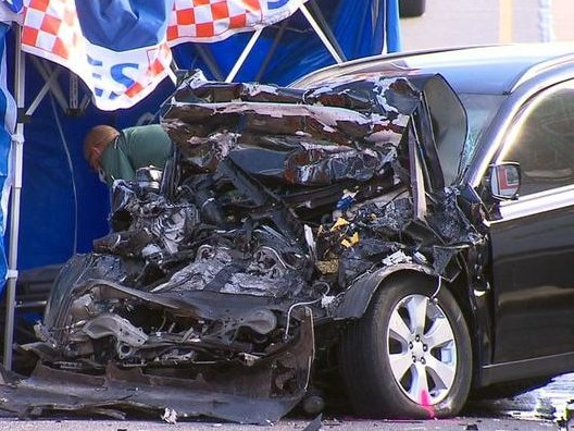 Crumpled car after crash with tram. Picture: 9 News