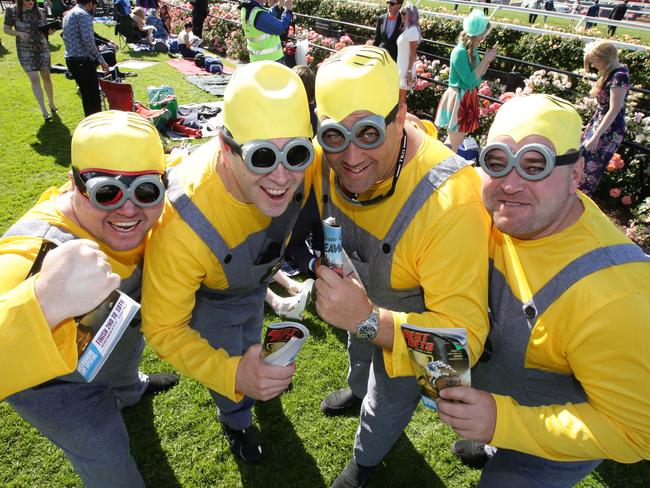 Punters dressed as Minions. 2015 Melbourne Cup Day at Flemington Racecourse. Picture: Andrew Taubman