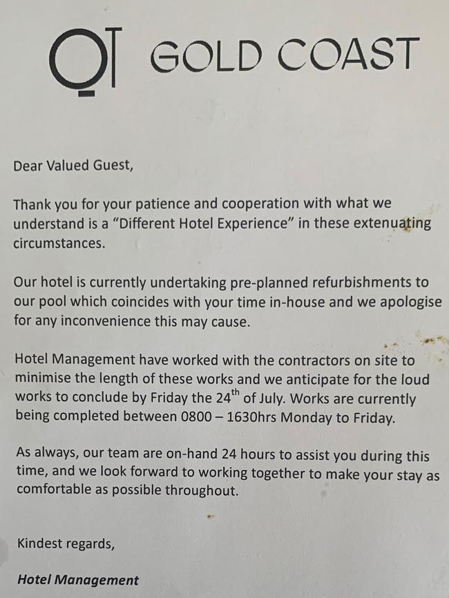 An apology letter from the QT hotel for the ongoing construction works.