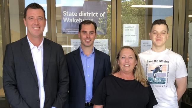 Four of the six candidates who nominated for the seat of Wakehurst were at the NSW Electoral Commission's election office at Brookvale on Thursday to decide the order of candidates on the ballot paper for the March 25 state election. Pictured (left to right) are: Independent candidate Michael Regan, Liberal candidate Toby Williams, Labor candidate Sue Wright and Greens candidate Ethan Hrnjak. Picture: Jim O'Rourke