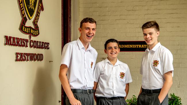 Cameron Last, 15, Marcus Della Vedova, 14, &amp; Jack O’Connor, 15, at Marist College Eastwood. Picture: Monique Harmer