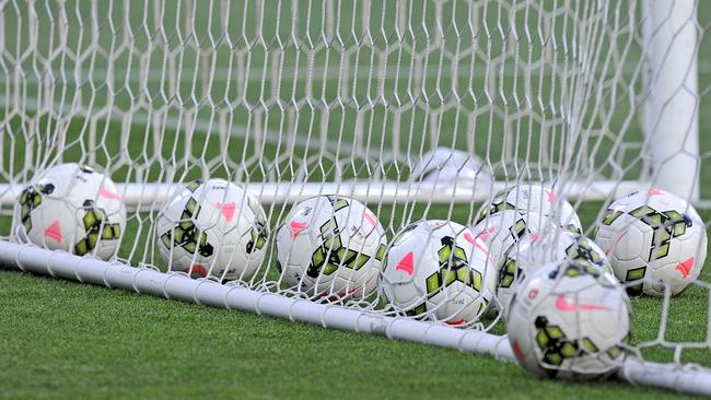 Generic photos of soccer balls in the nets during the warm-up session, during the Round 12 A-League match between Melbourne Victory and Newcastle Jets, at AAMI park in Melbourne, Saturday, Dec. 27, 2014. (AAP Image/Joe Castro) NO ARCHIVING