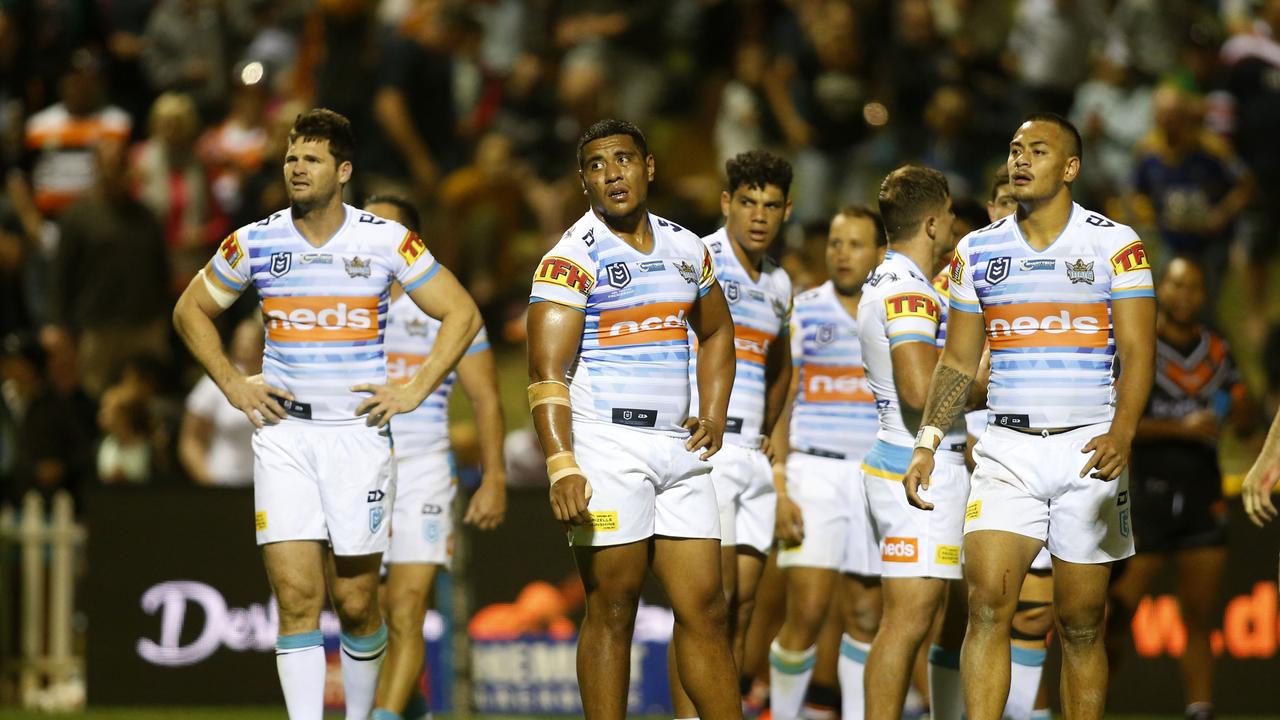 Titans players after the Round 7 NRL match between the Wests Tigers and the Gold Coast Titans at Scully Park in Tamworth, Saturday, April 27, 2019. (AAP Image/Darren Pateman) NO ARCHIVING, EDITORIAL USE ONLY