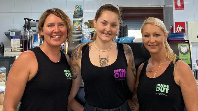 Gabby Barraket, owner of Inside Out at Lighthouse, pictured in her cafe alongside team members Clare Greig and Tash Scholz. Picture: supplied