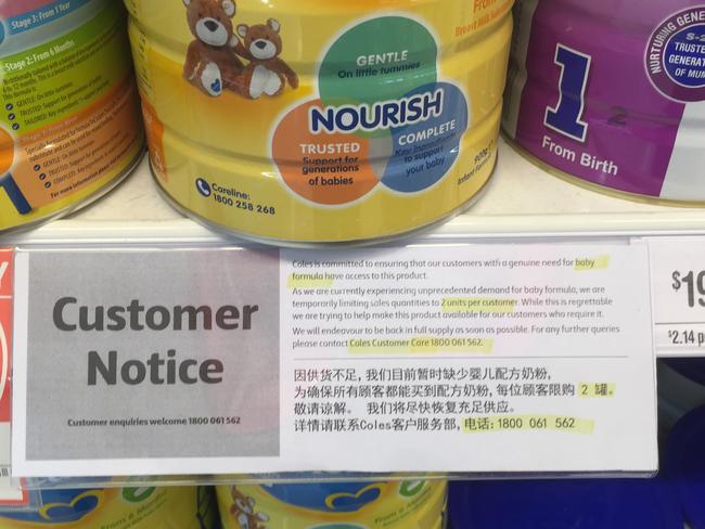 Supermarkets have been forced to put up signs, limiting the number of cans of baby formula one person can buy. Picture: Supplied