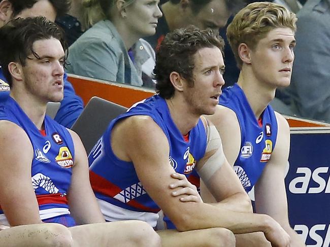 MELBOURNE, AUSTRALIA - MAY 27:  Robert Murphy of the Bulldogs sits on the bench during the round 10 AFL match between the Western Bulldogs and the St Kilda Saints at Etihad Stadium on May 27, 2017 in Melbourne, Australia.  (Photo by Darrian Traynor/Getty Images)