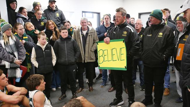 Garry Hocking reinforces his Ted Lasso message after Leopold’s win over St Joseph’s. Picture: Alan Barber