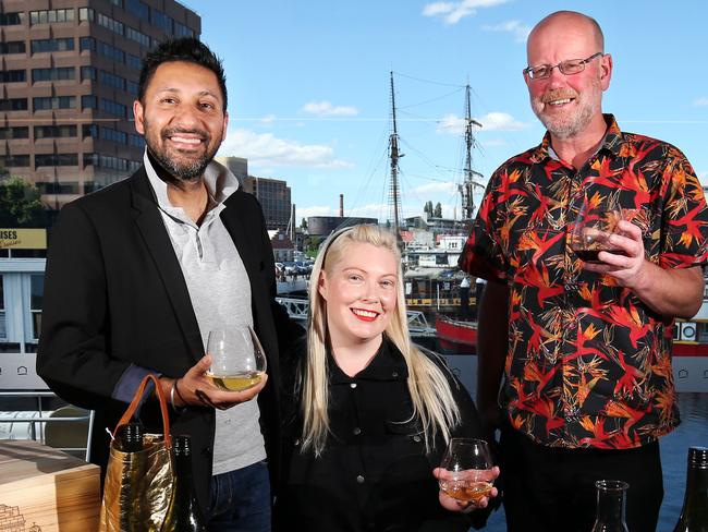 L-R Nav Singh and Louise Radman of Domaine Simha with Phil Laing wine writer, consultant and educator. Preview of the TASTING Table of Tasmanian wine at The Taste of Tasmania. Picture Nikki Davis-Jones