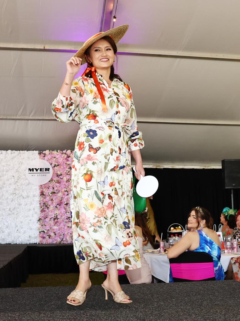 Connie Kang models Sonlia in the fashion parade at the Cairns Amateurs High Tea, held under the waterfront marque on the Cairns Esplanade Eastern Events lawn. Picture: Brendan Radke