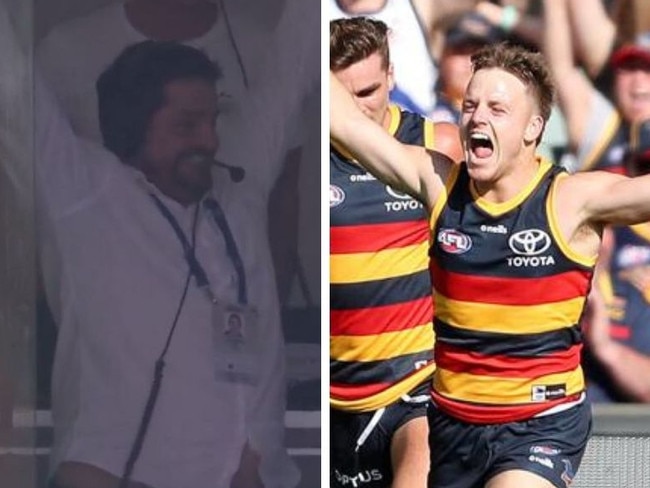 Stephen Rowe celebrates his son's goal. Images: Fox Sports and Getty.