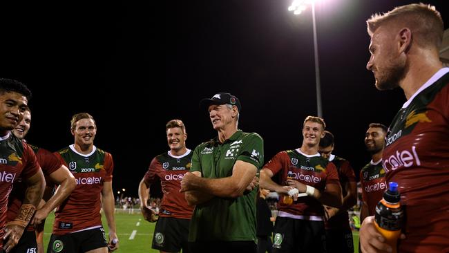 The Rabbitohs aren’t sure what to make of Bennett’s jokes. Image: AAP Image/Dan Himbrechts