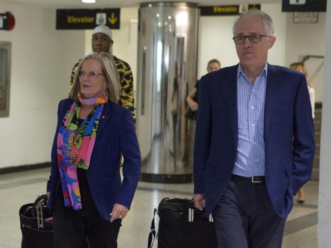 Malcolm Turnbull and wife Lucy arrive at New York's LaGuardia Airport for an extended holiday on September 2. Picture: Angus Mordant