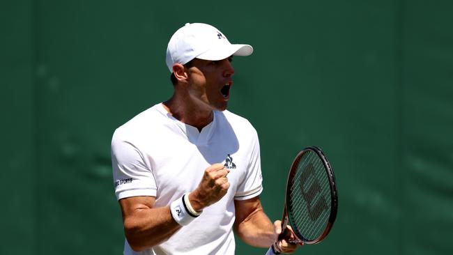 LONDON, ENGLAND – JULY 07: Christopher O'Connell of Australia celebrates breaking serve against Jiri Vesely of Czech Republic in the Men's Singles second round match during day five of The Championships Wimbledon 2023 at All England Lawn Tennis and Croquet Club on July 07, 2023 in London, England. (Photo by Clive Brunskill/Getty Images)