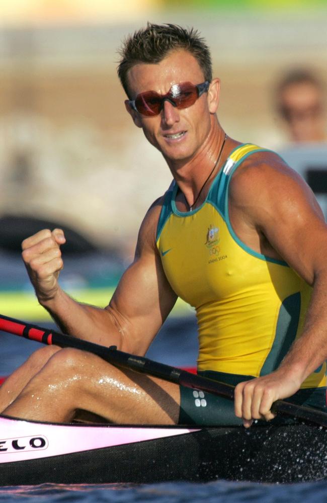 Nathan Baggaley reacts after he wins the semi-final, during the kayak flatwater event at the 2004 Olympic Games in Athens.