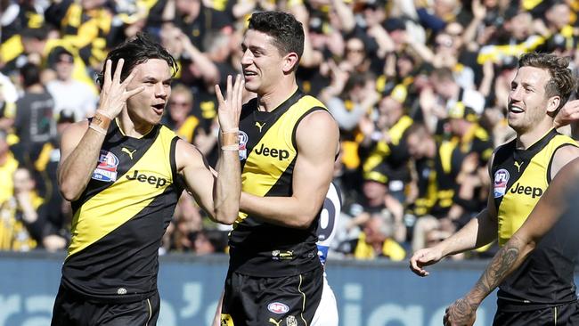 Richmond's Daniel Rioli celebrates his first quarter goal. Picture: David Caird