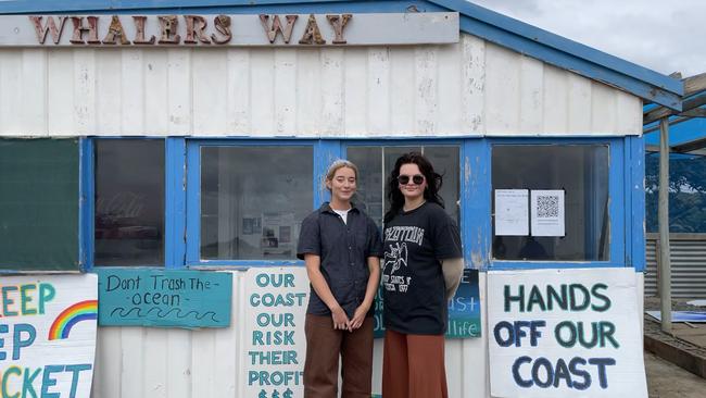 Teen activists Tullia Sellen and Nellie Jones protest against rocket launching at Whalers Way. Picture: Micaela Stark