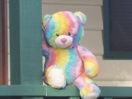 Neighbourhood rainbow trails and bear hunts are springing up across Australia, with this fellow in Melbourne's east getting involved in both. Picture: Rainbow Trail Australia Facebook