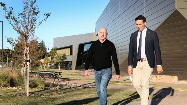 MP Eddie Hughes (L) and Education Minister Blair Boyer, after meeting with Whyalla Secondary’s Principal over a wild school assault in May. Picture Dean Martin